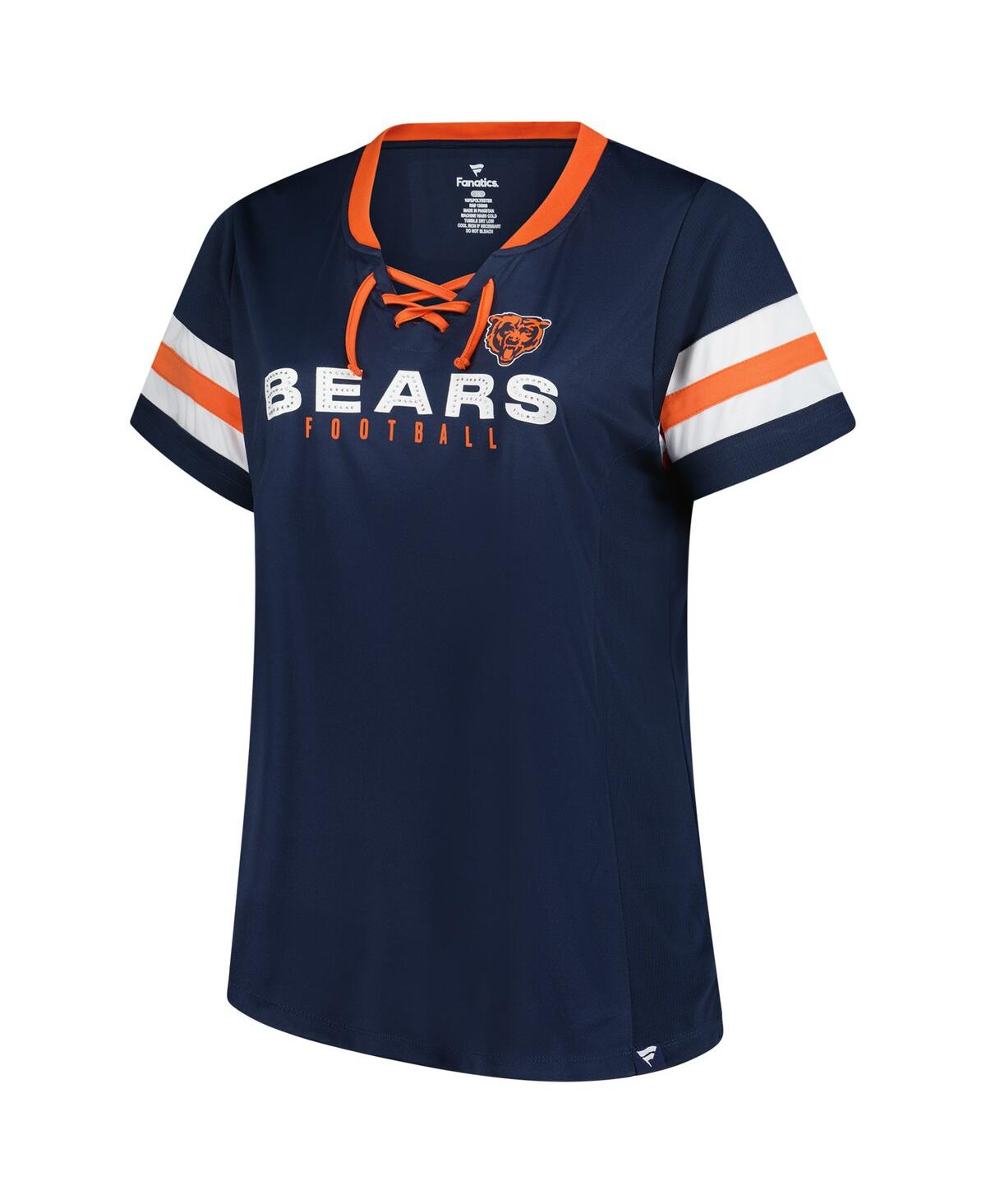 Fanatics Women's Navy Chicago Bears Plus Size Rhinestone Redzone Athena Lace-up Notch Neck T-shirt In Blue