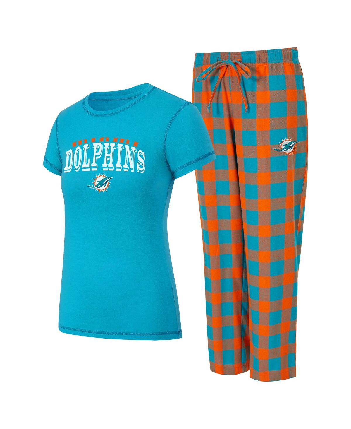 Concepts Sport Women'sâ 2-piece Aqua/orange Miami Dolphins Avondale T-shirt And Pants Flannel Pj Set In Multi