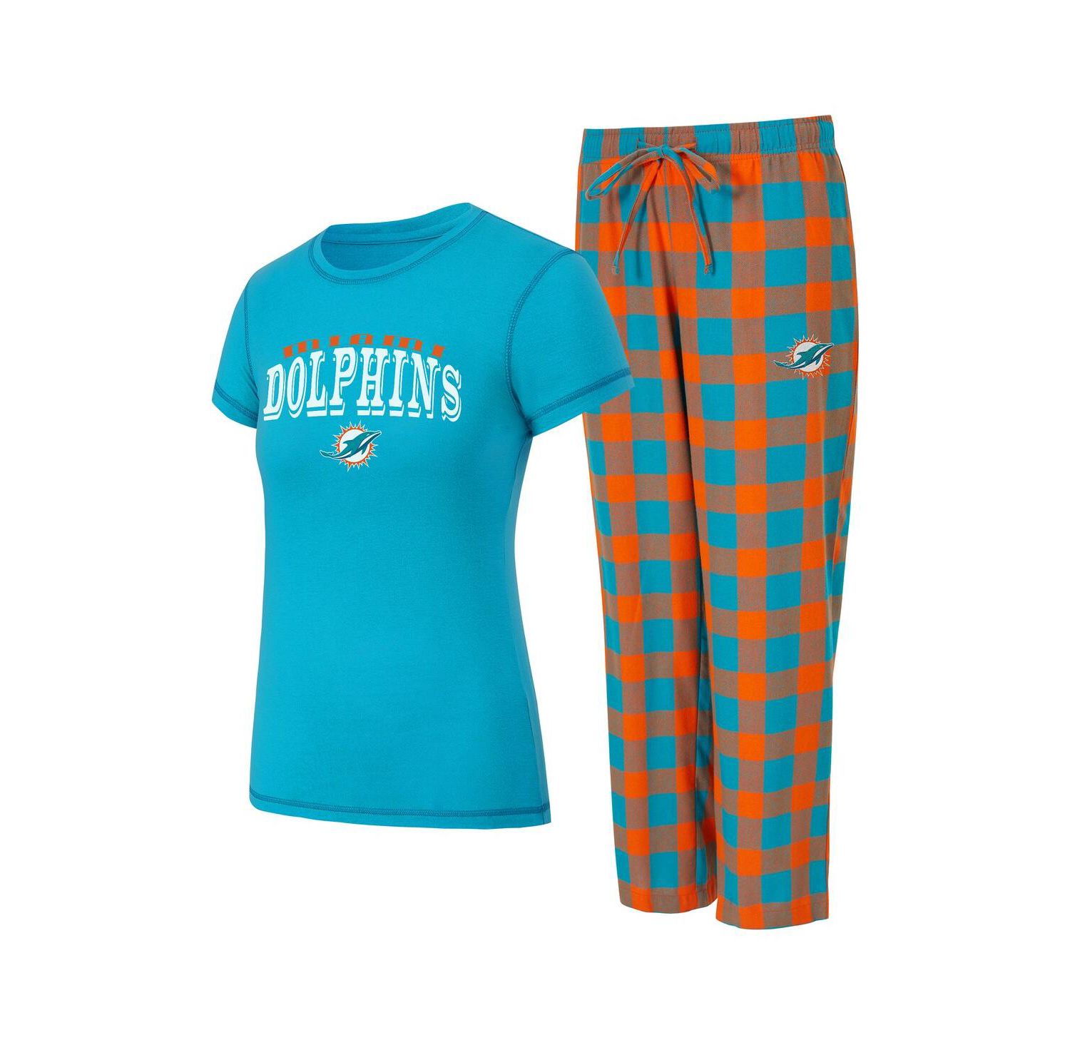 Women's 2-Piece Aqua/Orange Miami Dolphins Avondale T-Shirt and Pants Flannel Pajama Set