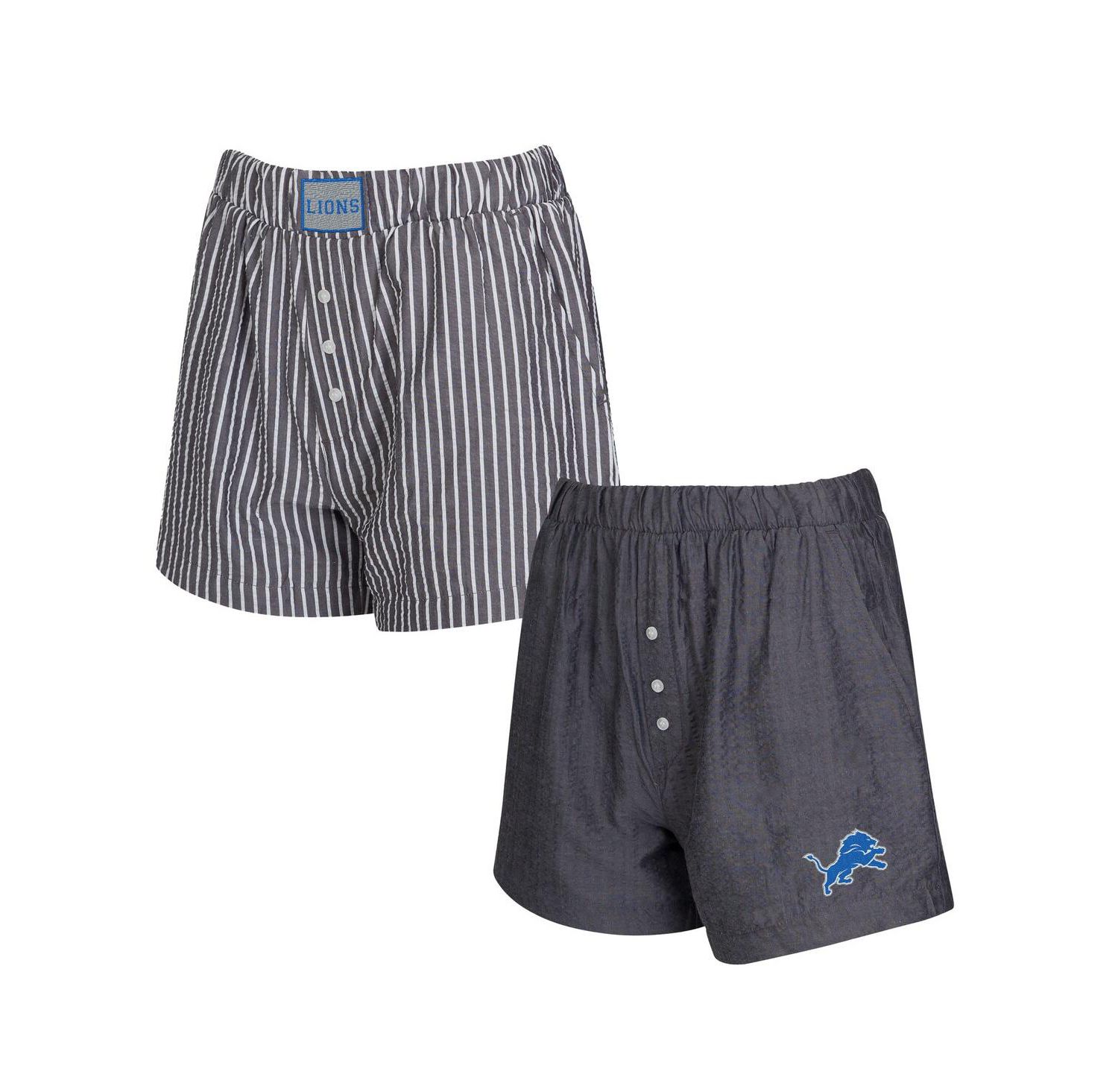 Women's 2-Pack Charcoal Detroit Lions Stripes and Solids Boxer Shorts Set
