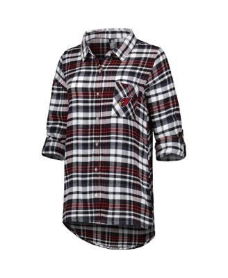 Women's Black/Cardinal Arizona Cardinals Mainstay Plaid Full-Button Long Sleeve Nightshirt