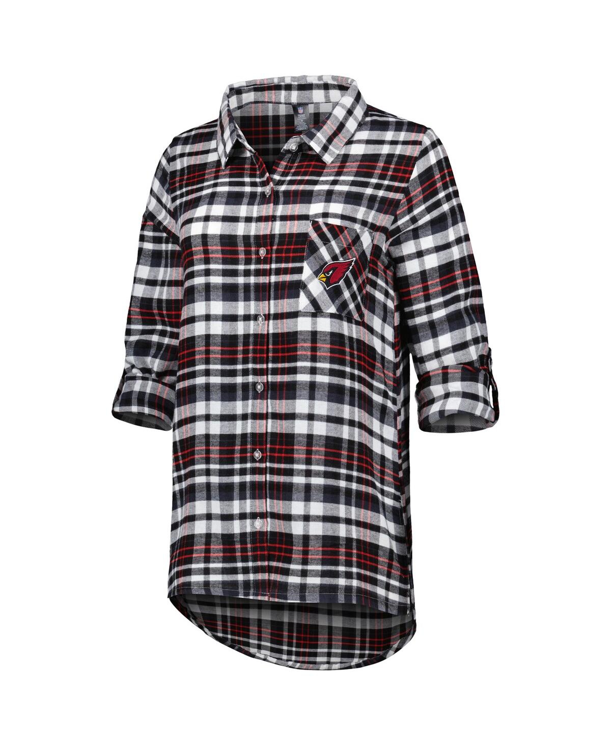 Concepts Sport Women's Black/cardinal Arizona Cardinals Mainstay Plaid Full-button Long Sleeve Nightshirt In Brown