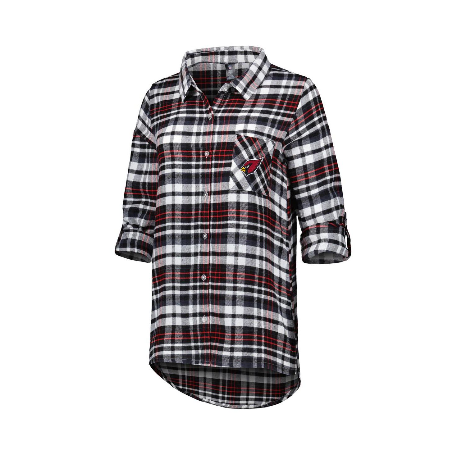 Women's Black/Cardinal Arizona Cardinals Mainstay Plaid Full-Button Long Sleeve Nightshirt