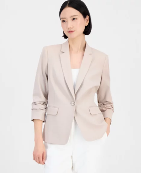 Petite One-Button Notch Collar Blazer - Sand