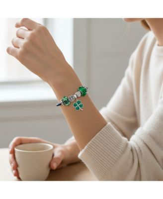 Celtic Clover Charm Bracelet with Irish Knot and Claddagh Bead on Leather 7.5 Inch