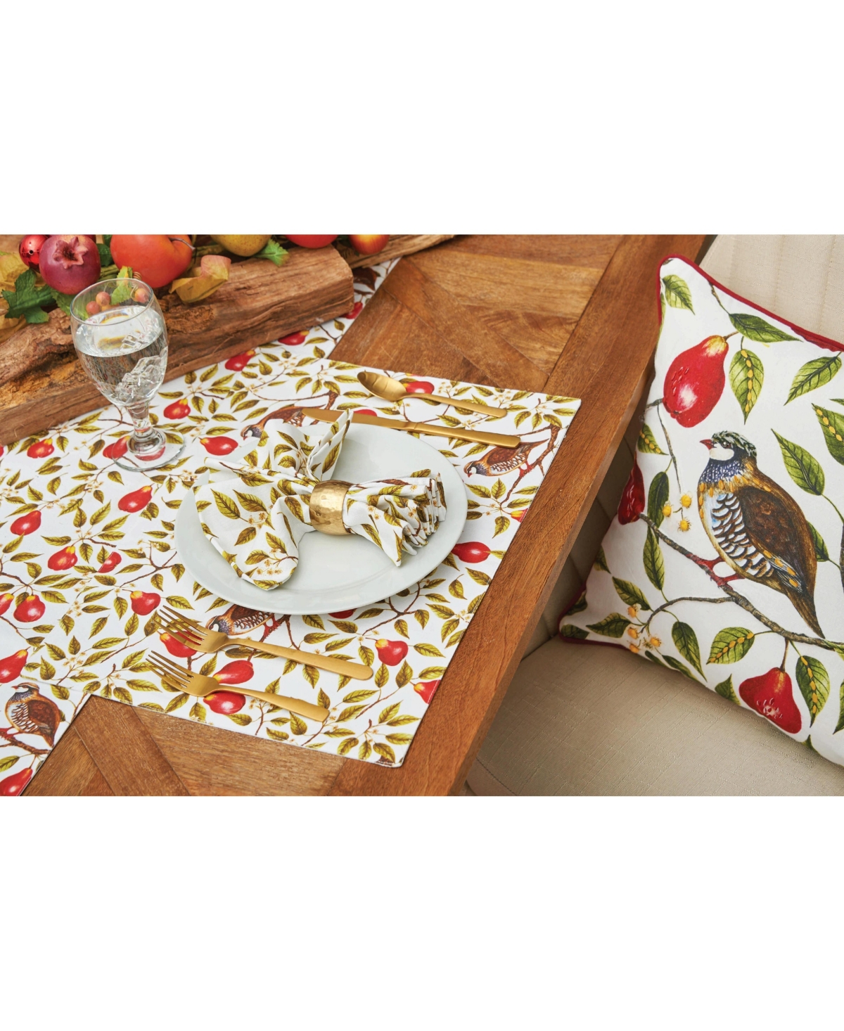 Partridge In A Pear Tree Printed 100% Cotton Christmas Accent Throw Pillow 18" x 18"