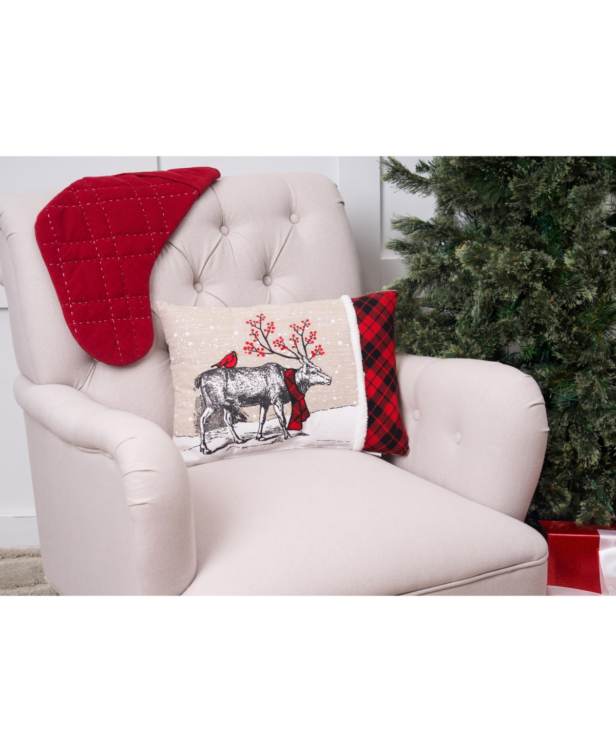 Christmas Deer Embroidered and Printed Throw Pillow, 13" x 18"