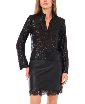 Women's Sequined Split-Neck Tunic Top