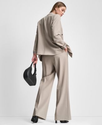 Dkny Womens Double Breasted Long Sleeves Jacket Pintuck Wide Leg Mid Rise Trousers Sleeveless Mock Neck T In Gray