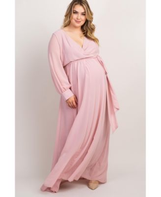 Plus Size Light Pink Chiffon Long Sleeve Pleated Maxi Dress