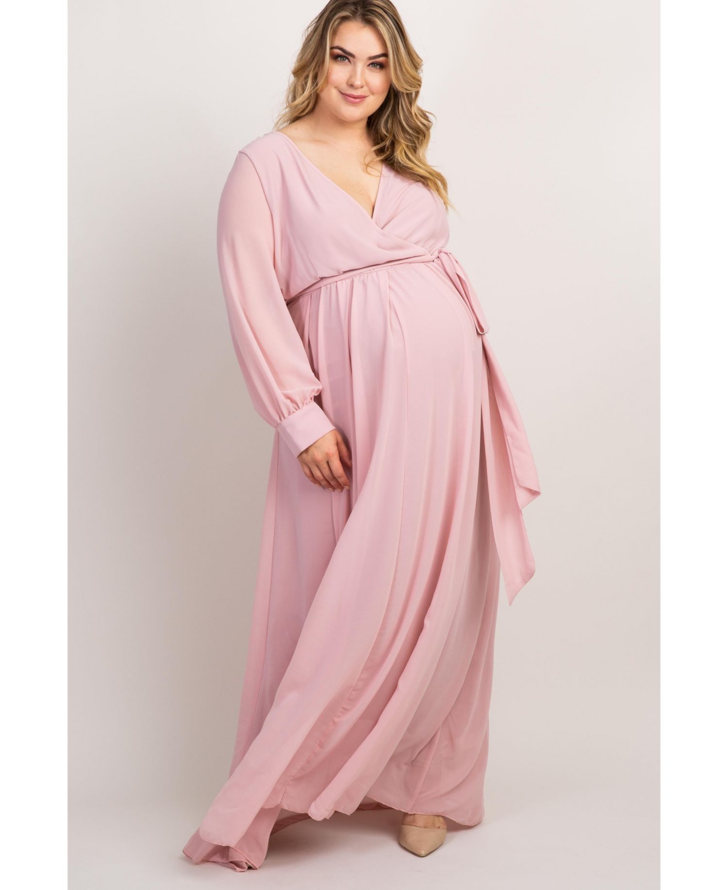 Women's Light Pink Chiffon Long Sleeve Pleated Maxi Dress