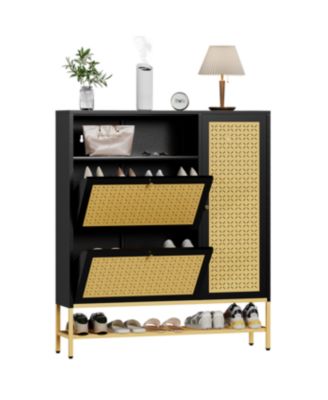 Shoe Storage Cabinet with 2 Flip Drawers - Hidden Shoe Organizer for Entryway, Metal Shoe Rack with Door &amp; Open Storage
