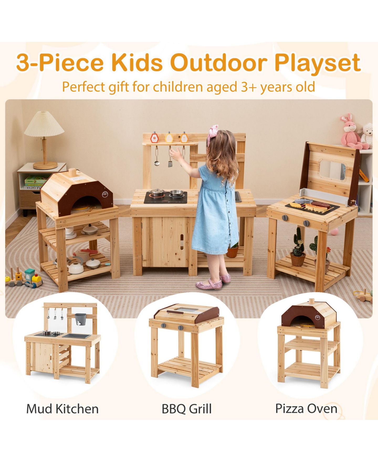Детские игрушки SUGIFT 3-Piece Outdoor Kitchen Set Mud Kitchen with Separate BBQ Grill and Pizza Oven, цвет: Натуральный — фото 4