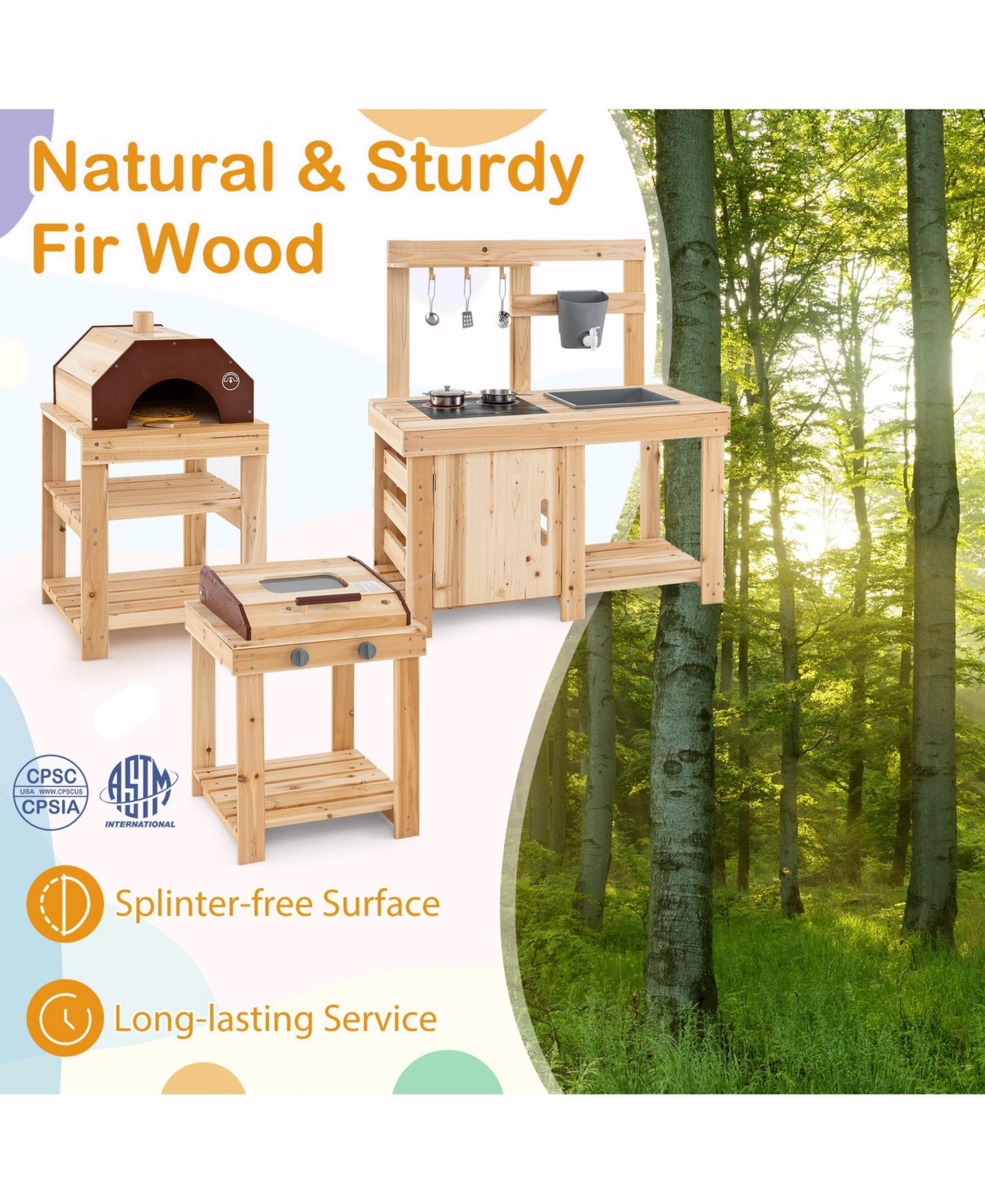 Детские игрушки SUGIFT 3-Piece Outdoor Kitchen Set Mud Kitchen with Separate BBQ Grill and Pizza Oven, цвет: Натуральный — фото 8