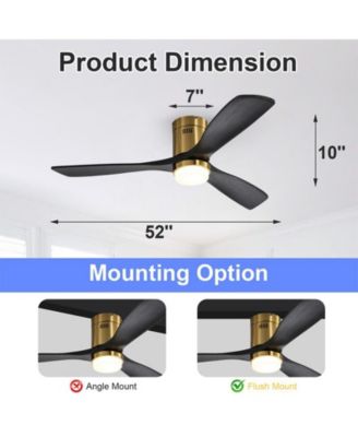 52-inch Modern Golden 3 Solid Wood Blades Flush Mount Tri color Adjustable Ceiling Fan Light with Remote Control