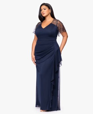Plus Size Beaded Flutter Short Sleeves Long Dress