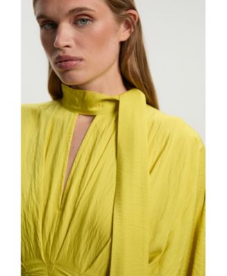 Women's Pleated Neck Tie Detail Woven Maxi Dress