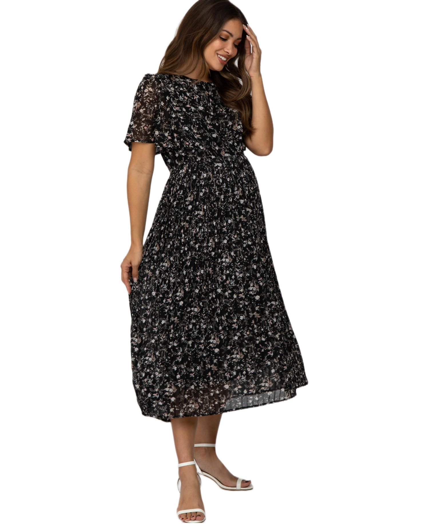 Women's Black Floral Pleated Short Sleeve Chiffon Midi Dress