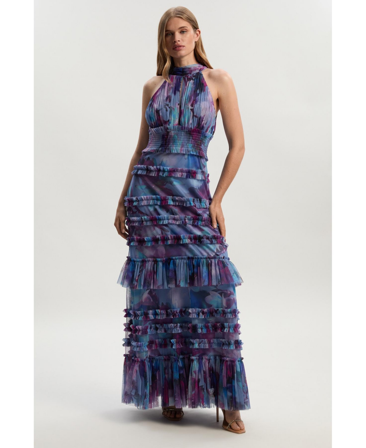 Karen Millen Women's Tulle Layered Halter Neck Maxi Dress