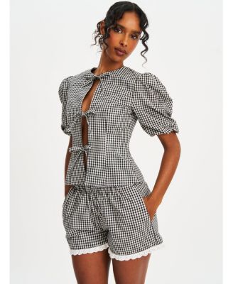 Women's Qusayla Black Gingham Bubble Sleeve Bowtie Top