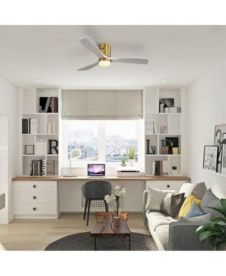 52 Inch 3 Solid Wood Blade Flush Mount Ceiling Fan with Tri Color Adjustable Light and Remote Control