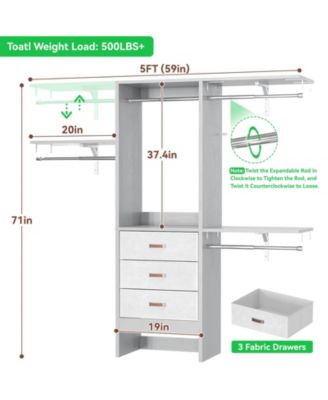 5FT Small Closet Organizer System with 3 Fabric Drawers, 60" Closet System with 3 Shelving Towers