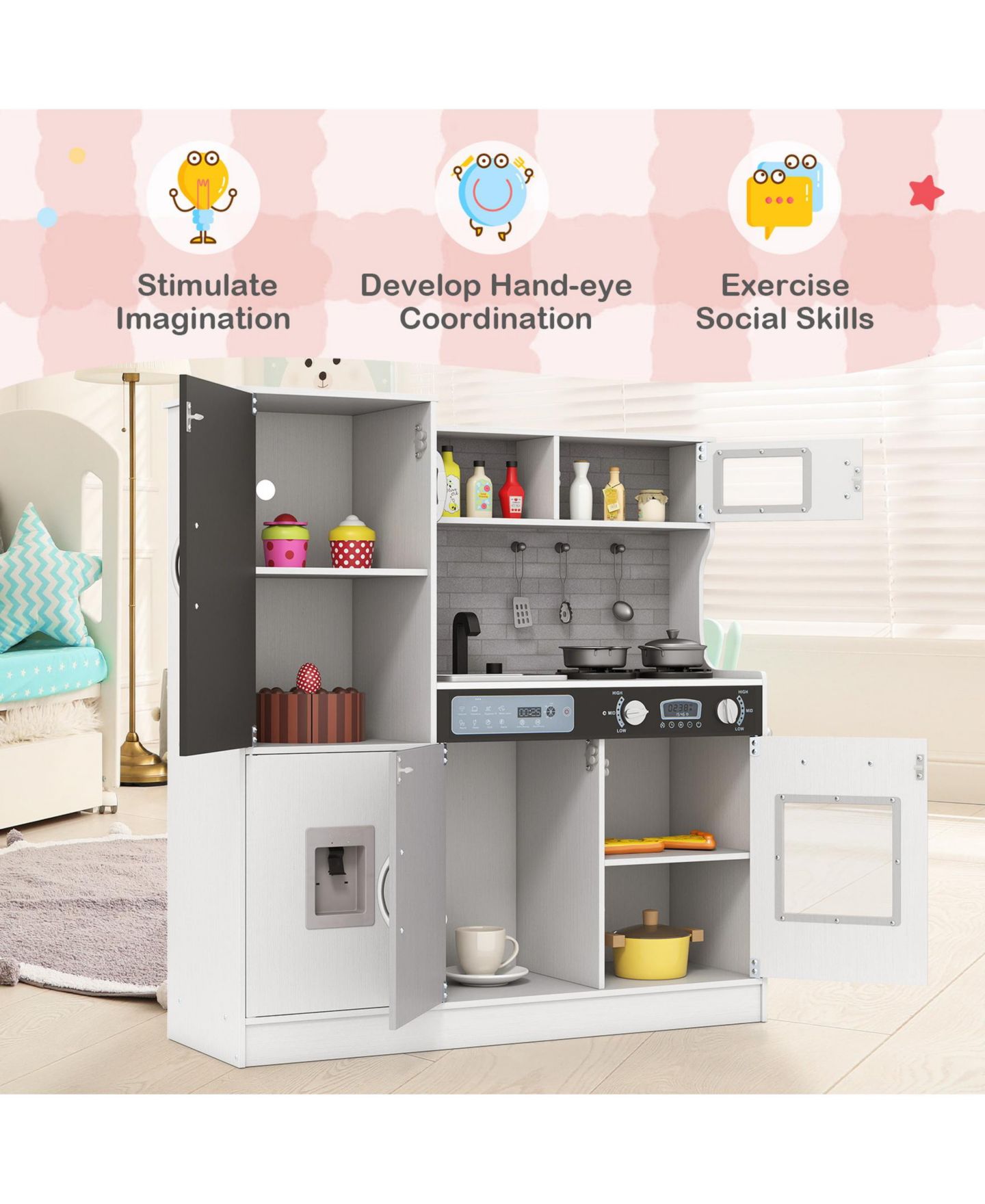 Детская игрушка SUGIFT Interactive Wooden Play Kitchen with Utensils Playset, Ages 3+, цвет: Серый — фото 8