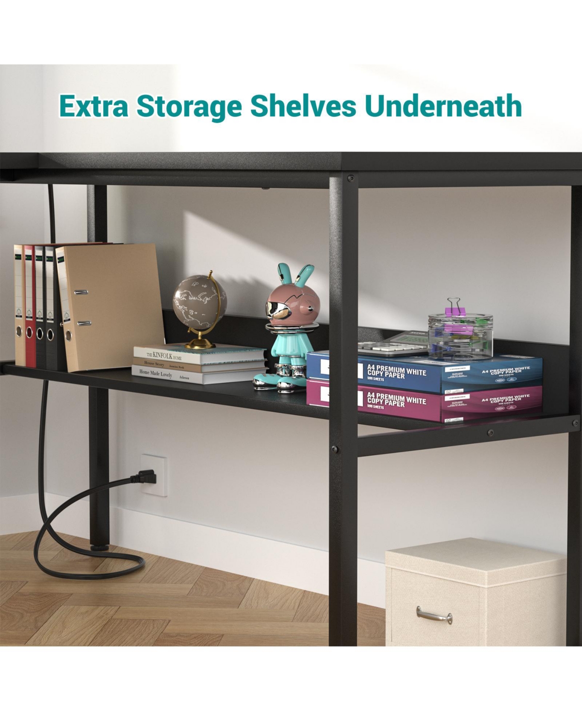 47.2'' L-Shaped Desk with Power Outlet and Shelf, Reversible