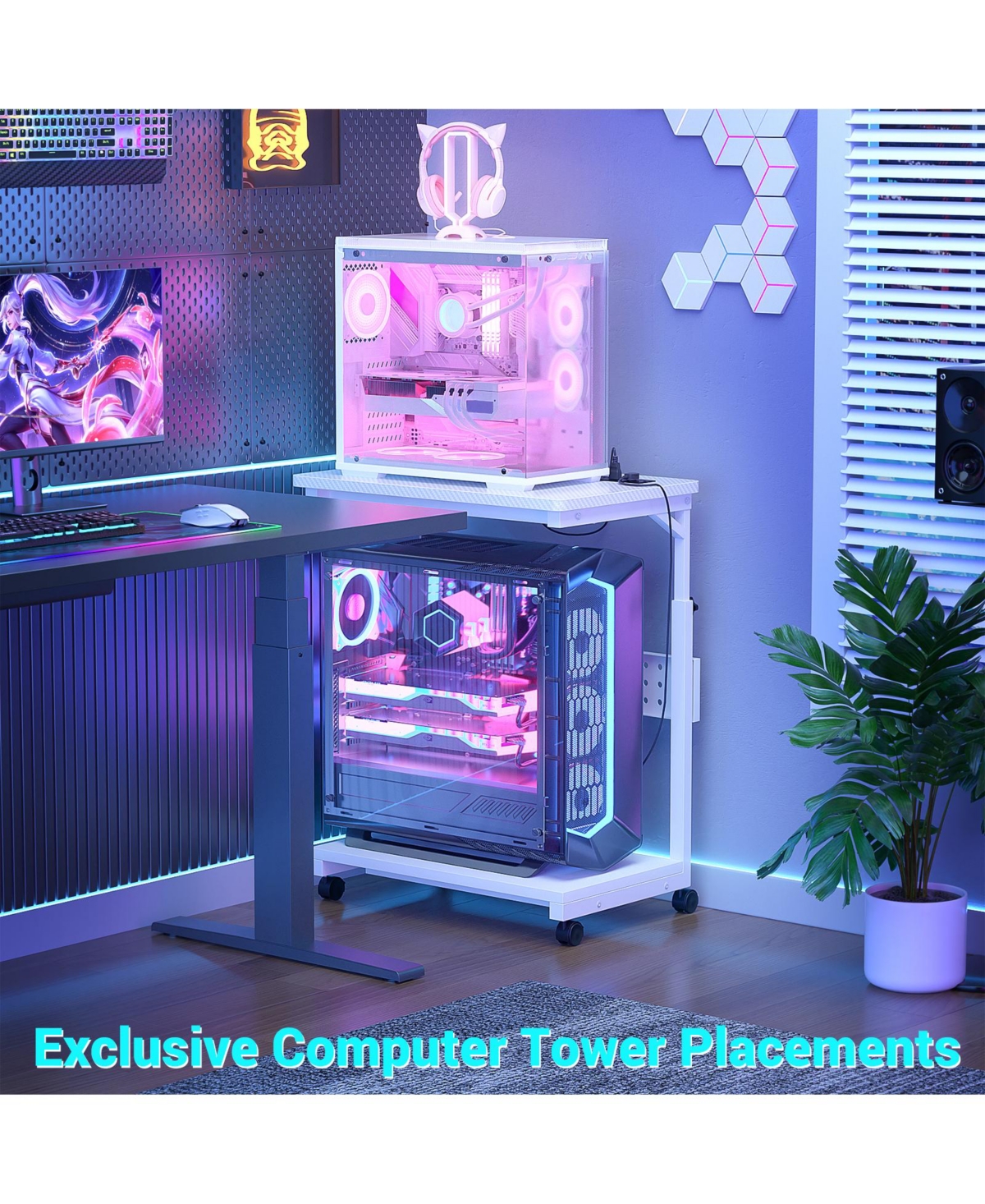 Aheaplus Height Adjustable Computer Tower Stand with Charging Station, Mobile Rolling Cpu Holder with Wheels