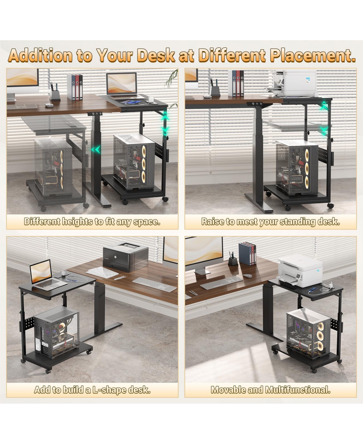 Height Adjustable Computer Tower Stand with Charging Station, Mobile Rolling Cpu Holder Wheels
