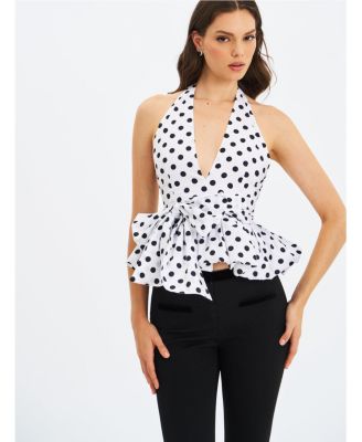 Women's Ilene White and Black Polka Dot Bubble Hem Halter Top