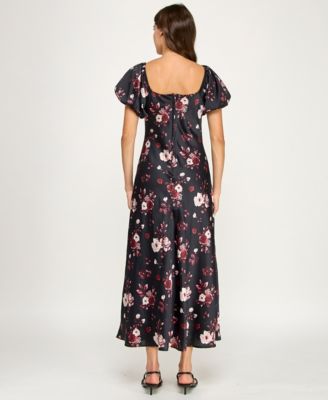 Juniors' Short Bubble Sleeves Midi Dress