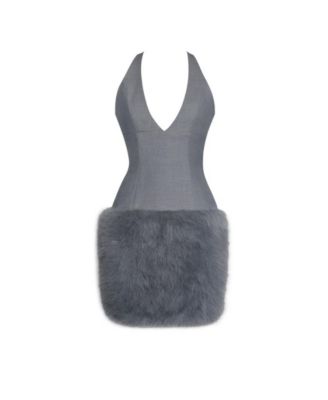 Women's Daisy Grey Drop Waist Fur Trim Halter Mini Dress