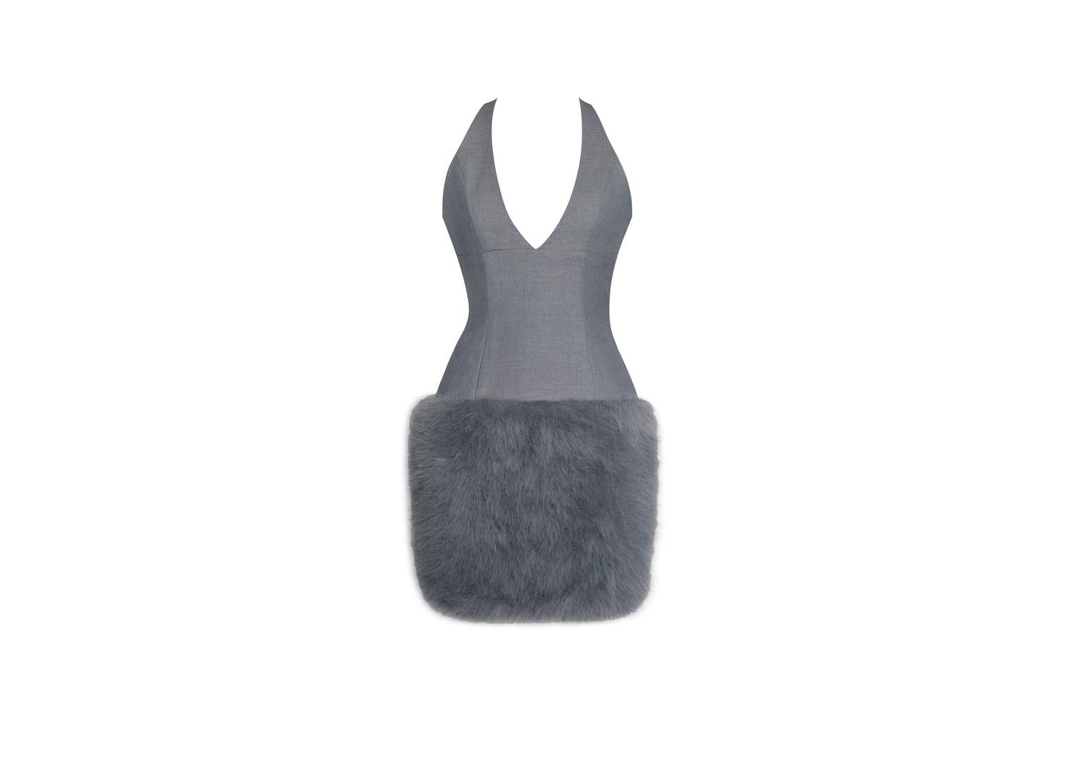Women's Daisy Grey Drop Waist Faux Fur Trim Halter Mini Dress