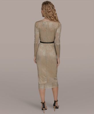 Women's Foil Mesh Belted Midi Dress