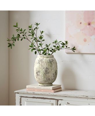 Antique Terracotta Vase, 10-Inch Tall Off-White Pot with Mossy Green Patina, Rustic Decor