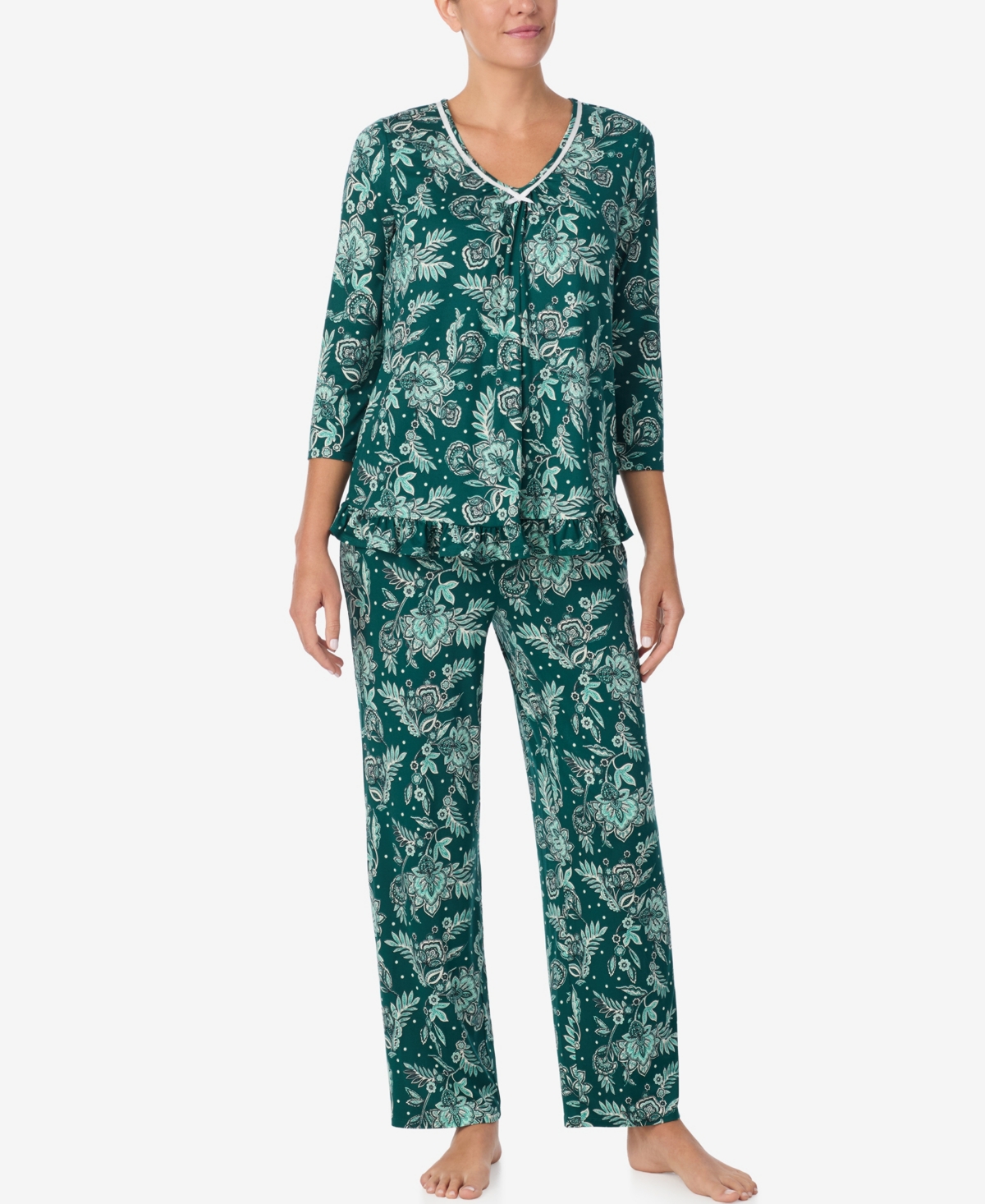 Ellen Tracy Women's Printed V-neck Top And Drawstring Pants Pajama Set In Green