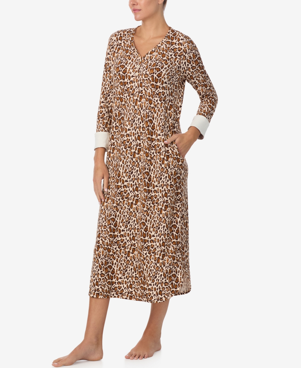 Ellen Tracy Women's Printed V-neck Long Gown With Socks In Brown
