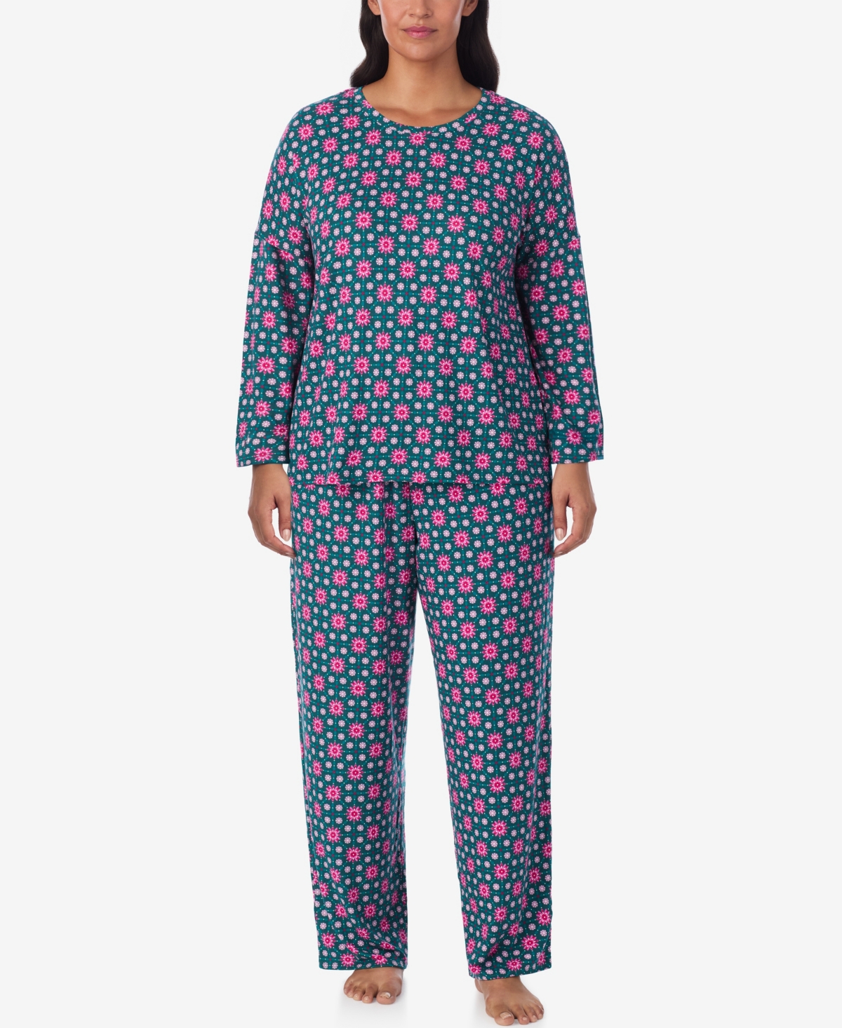 Ellen Tracy Plus Size Printed Round Neck Top And Pants Pajama Set In Green