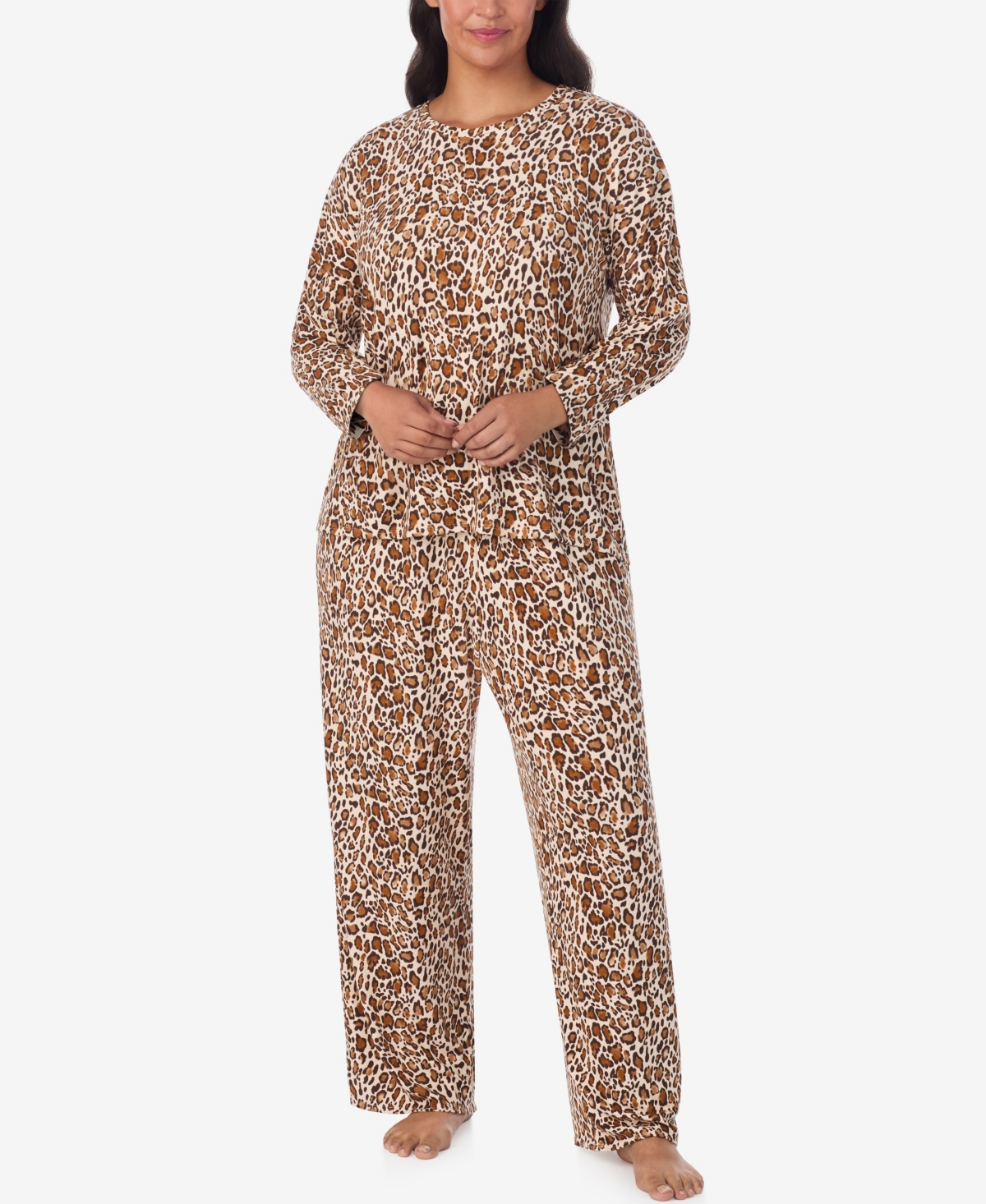 Ellen Tracy Plus Size Printed Round Neck Top And Pants Pajama Set In Brown