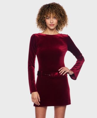 Women's Long Sleeve Belted Velvet Dress