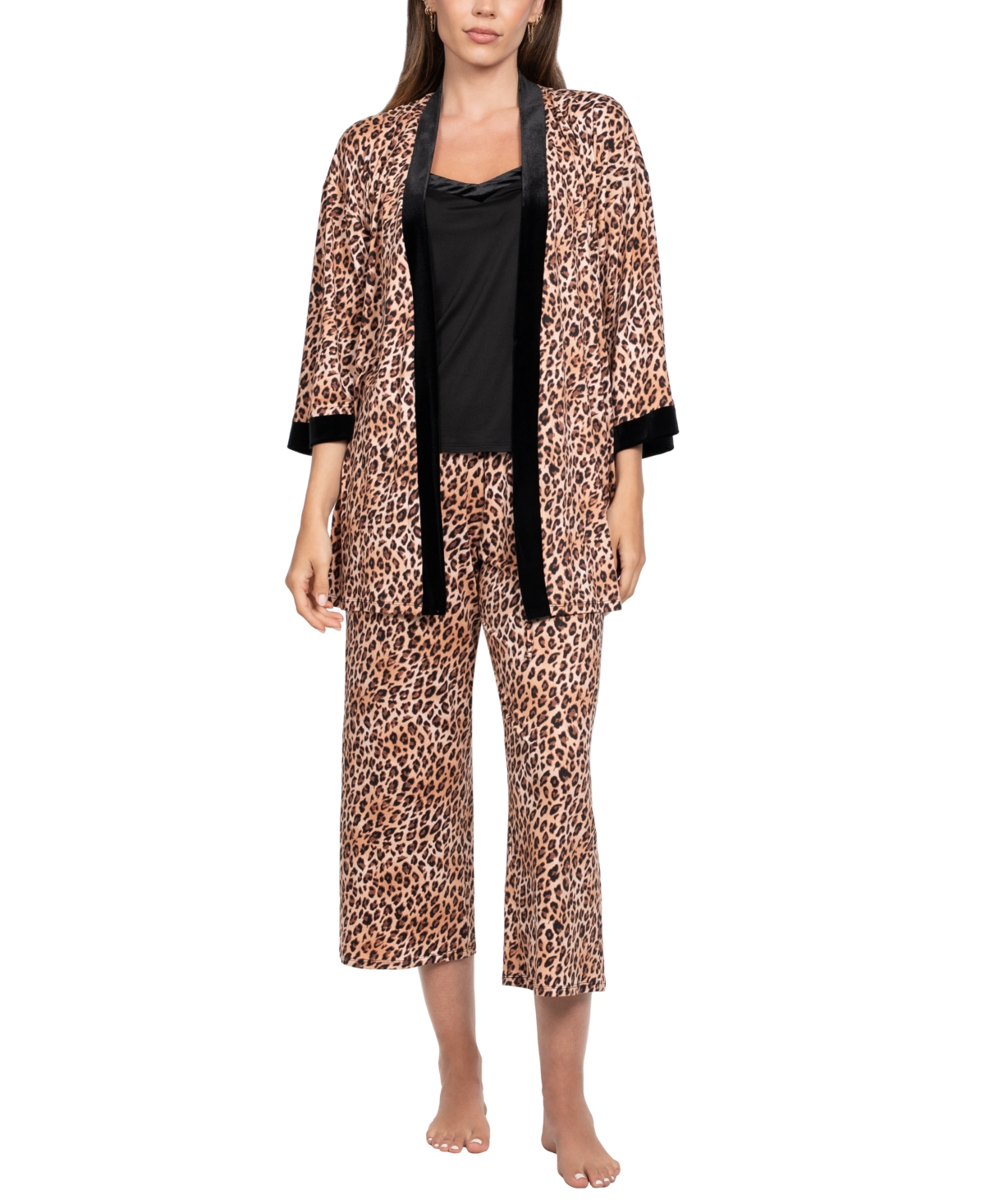 Linea Donatella Women's 3-piece Sleeveless Cami Top, Pants And Wrapper Pajama Set In Animal Print