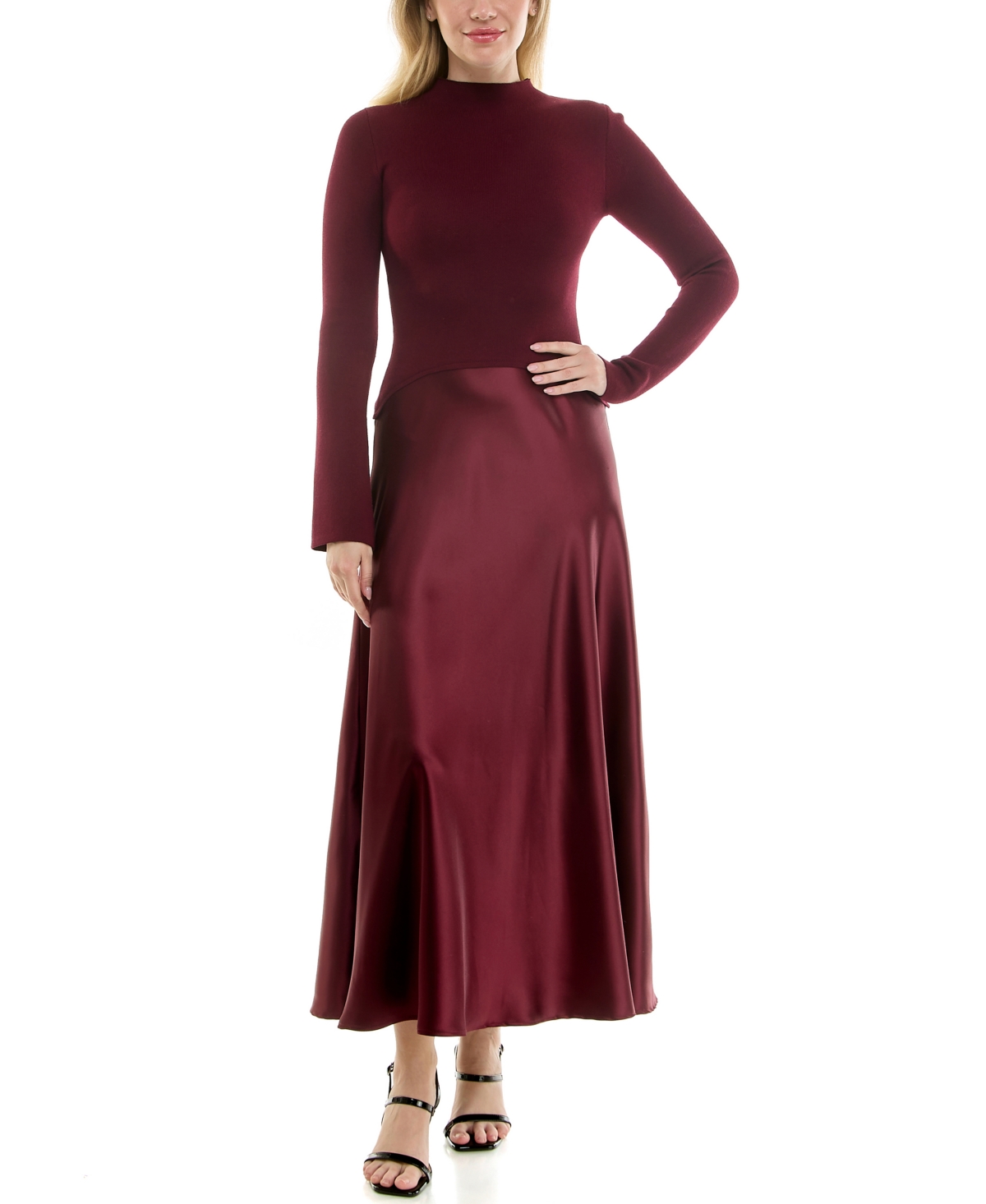 Taylor Women's Satin Twofer A-line Sweater Dress In Burgundy