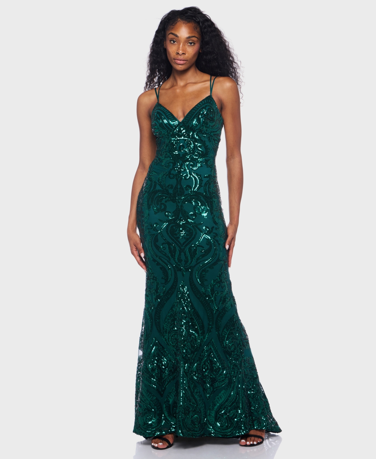 B Darlin Juniors' Sequin-Pattern Lace-Up V-Neck Gown, Created for Macy's