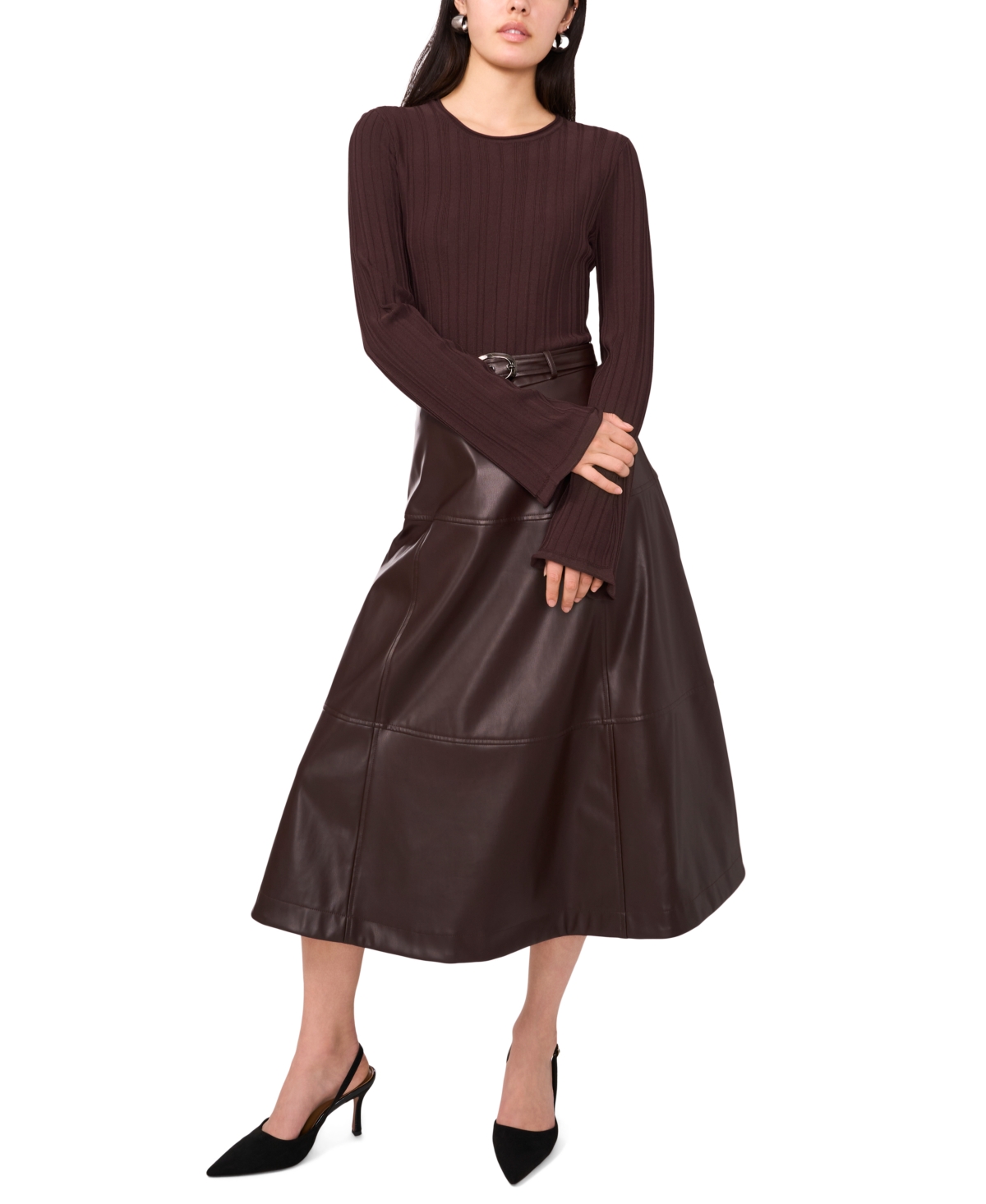 1.state Women's Ribbed Bell Sleeve Cropped Crewneck Top