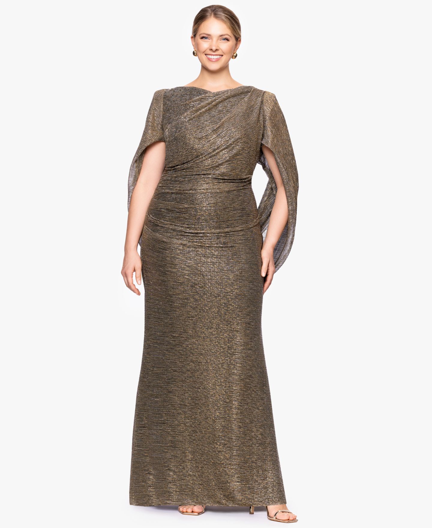 Женское платье Betsy & Adam Long Metallic Crinkle Drape Back Boat Neck, цвет: Мокко золотой — фото 2