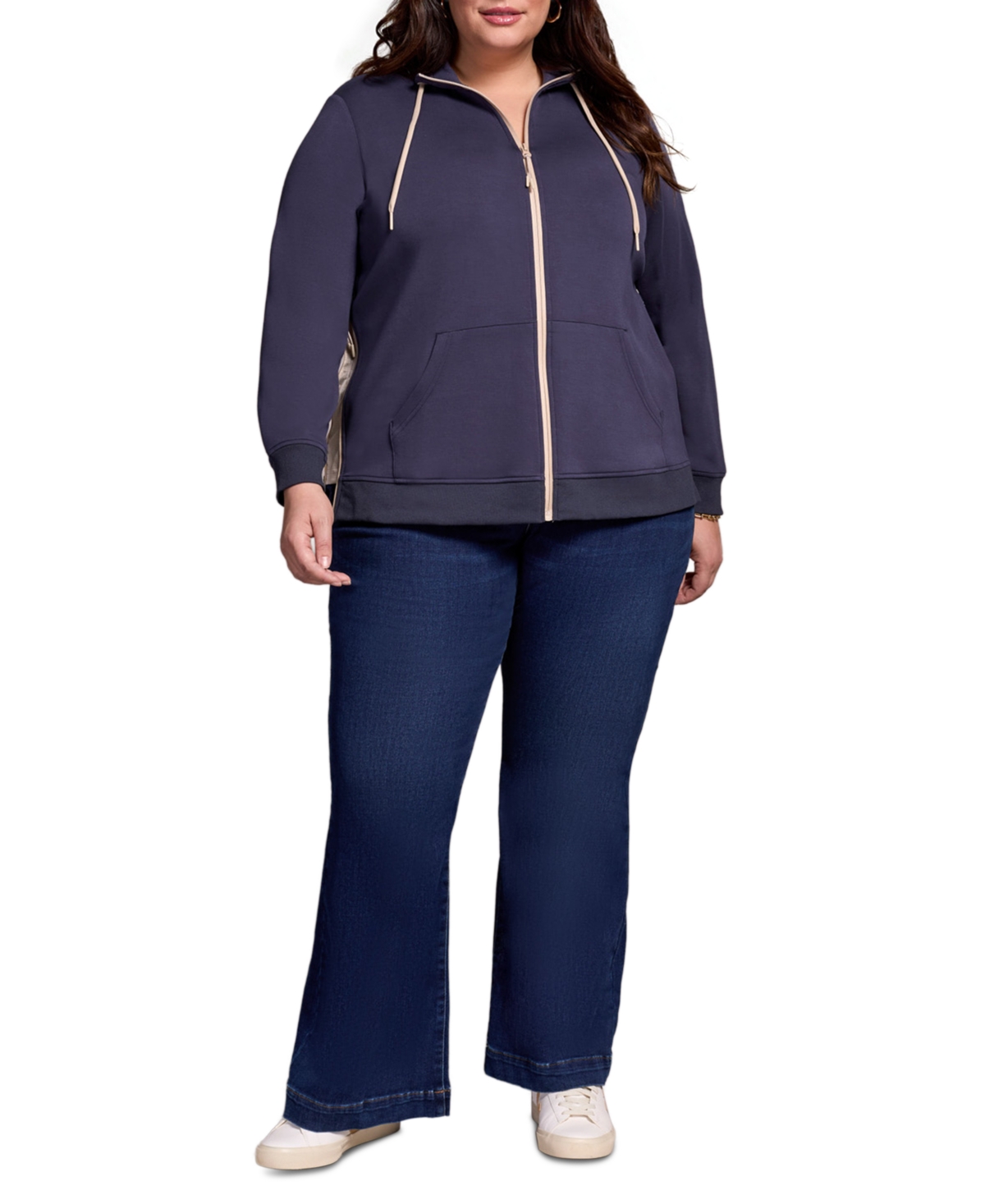 Tribal Plus Size Techno Lux Mock Neck Cardigan Vest Jacket In Blue