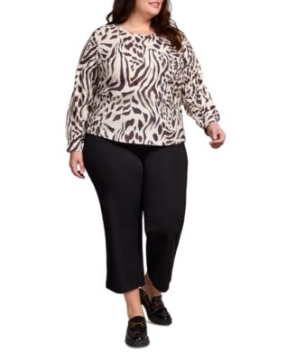 Plus Size Printed Long Sleeve Crew Neck Knit Top