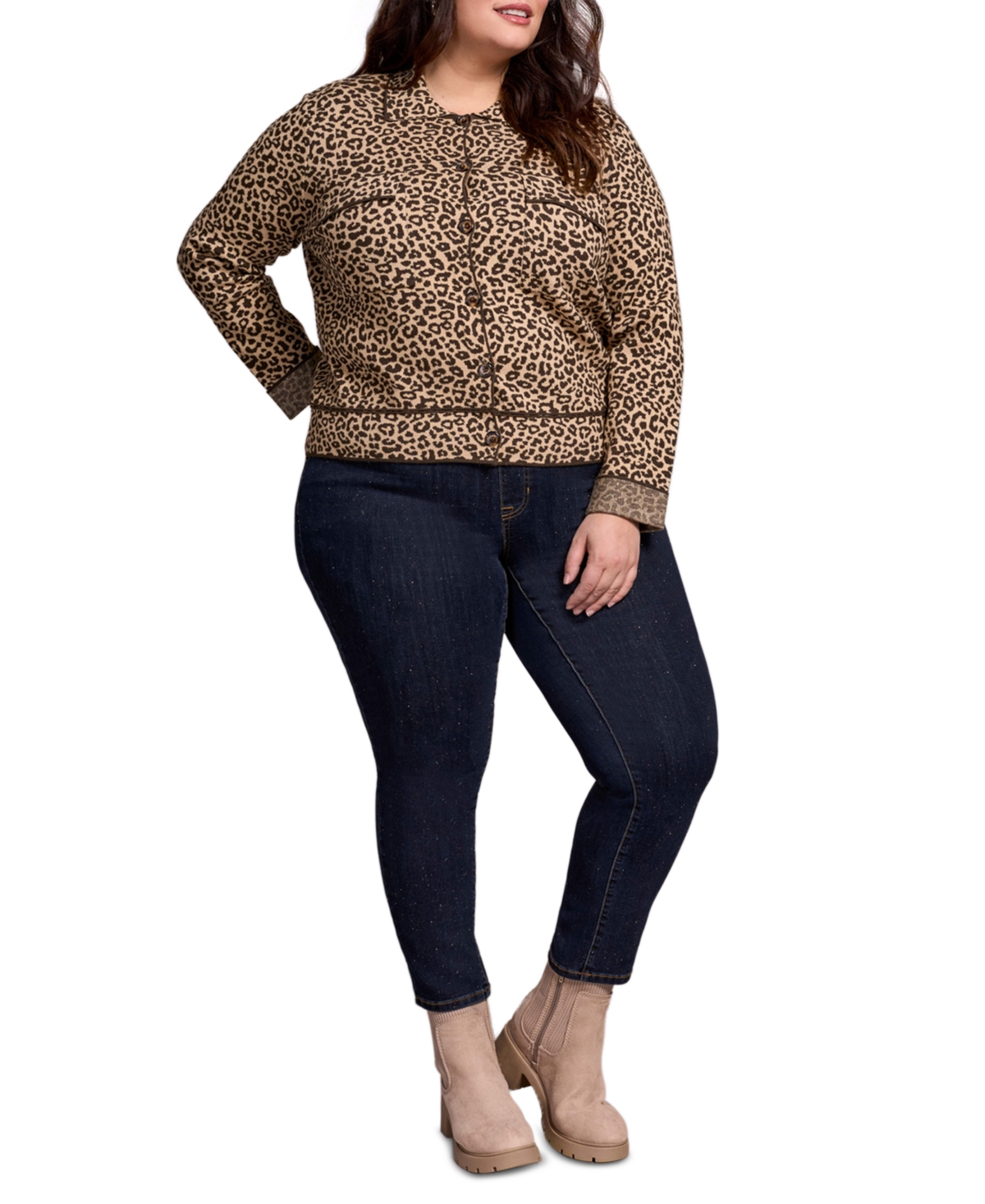 Tribal Plus Size Double Knit Long-sleeve Cardigan Sweater In Brown