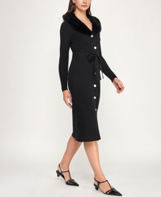 Juniors Removable Faux Fur Collar Midi Sweater Dress Cardigan